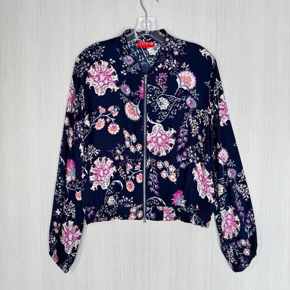 JOSIE NATORI Floral Bomber Jacket Size S Navy Pink Paisley Boho Lightweight - Picture 1 of 11